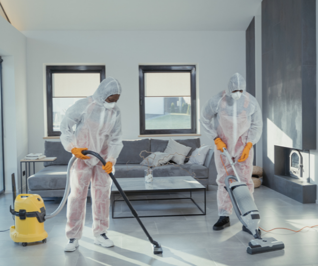 Cleaners wearing complete protective gear
